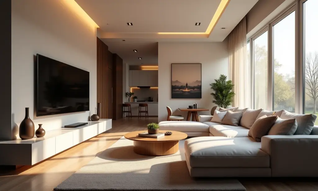 Sala de estar moderna com sistema de automação controlando luzes e temperatura.