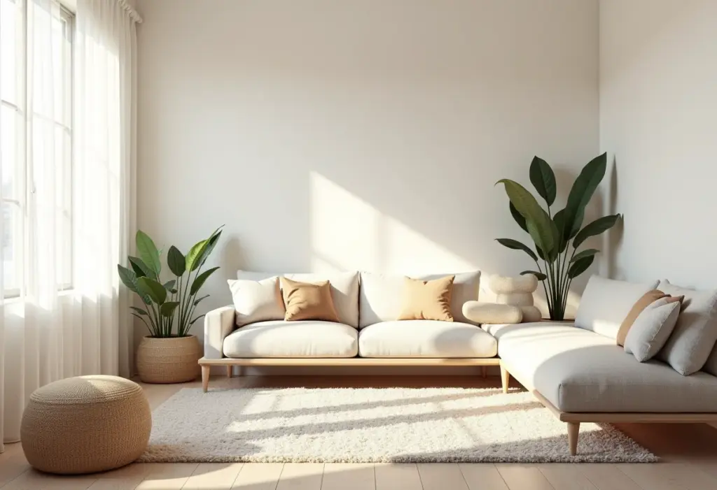 Sala de estar que mistura os estilos boho e minimalista, com iluminação natural e cores neutras.