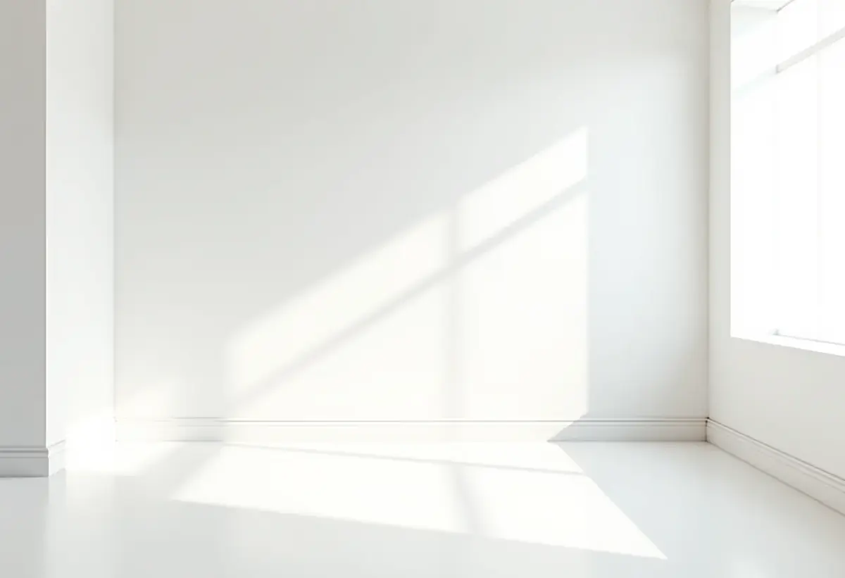 Sala de estar recém-pintada com acabamento liso e iluminação natural abundante.