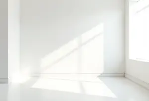 Sala de estar recém-pintada com acabamento liso e iluminação natural abundante.