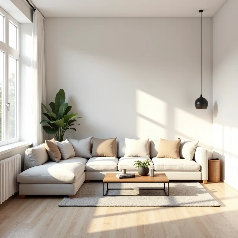 Sala de estar sem personalidade, refletindo a falta de história e individualidade.