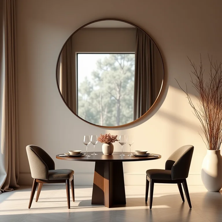 Sala de jantar com espelho redondo ampliando o espaço