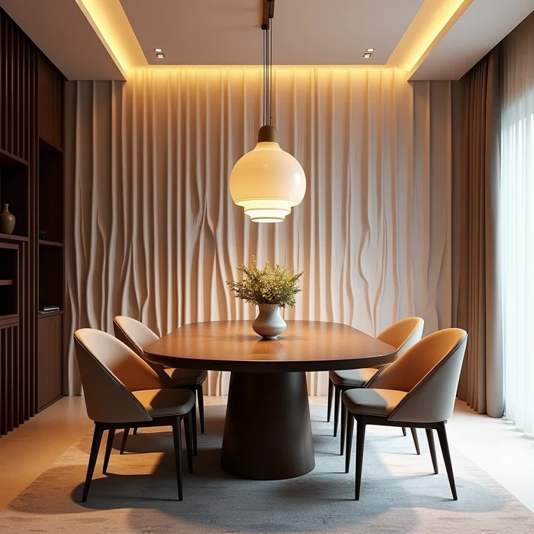 Sala de jantar com papel de parede 3D com efeito de profundidade.