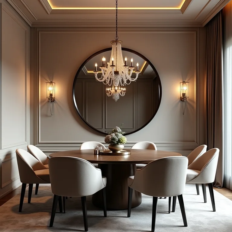 Sala de jantar elegante com espelho redondo refletindo o lustre.