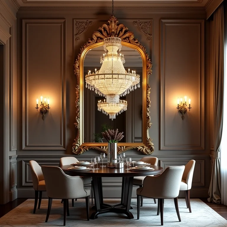 Sala de jantar requintada com espelho veneziano refletindo o lustre