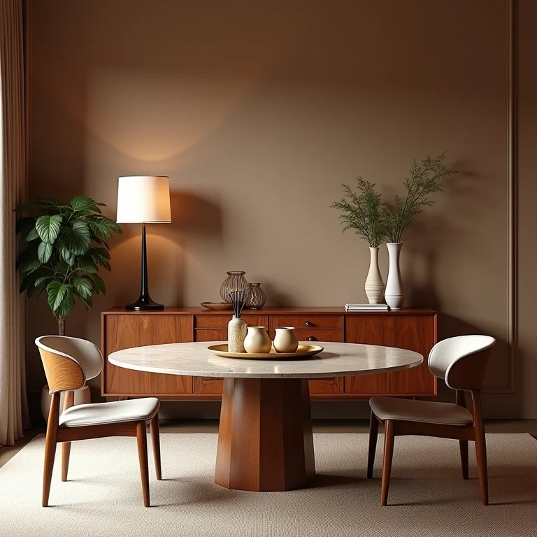 Sala de jantar retrô com mesa de granilite