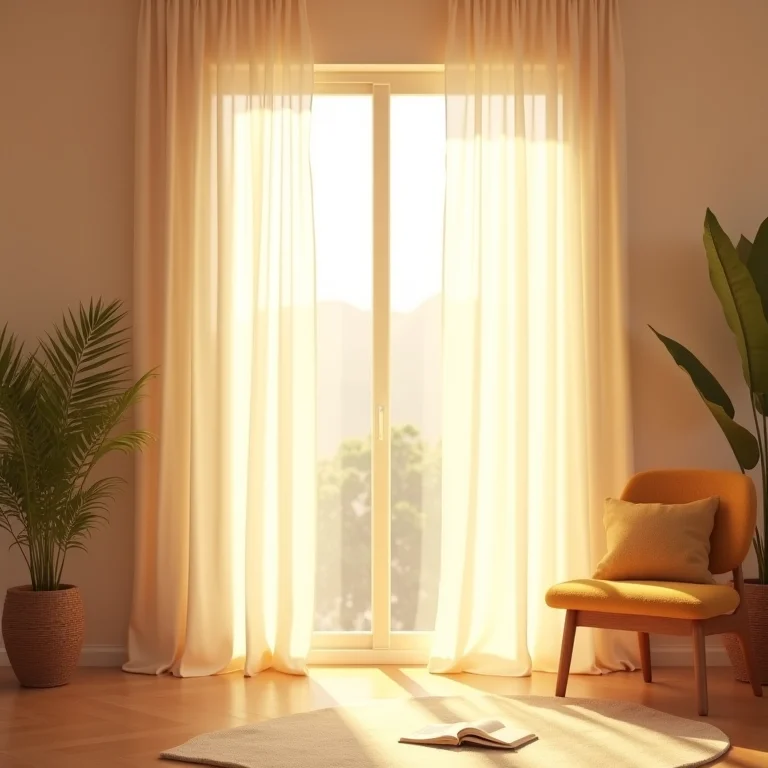 Sala iluminada pelo sol com cortinas translúcidas criando um brilho aconchegante.