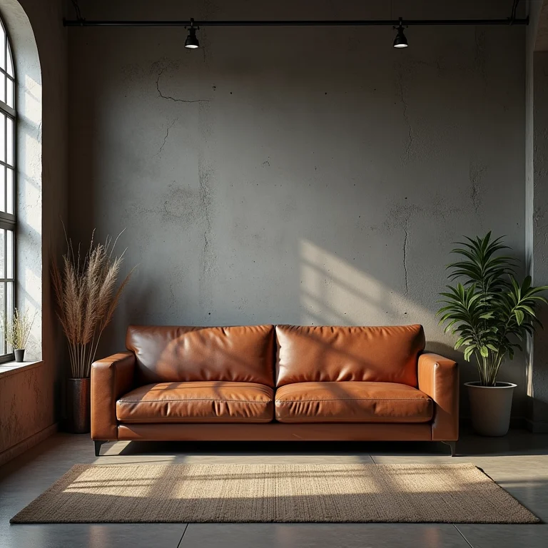 Sala industrial desconfortável com sofá de couro inadequado
