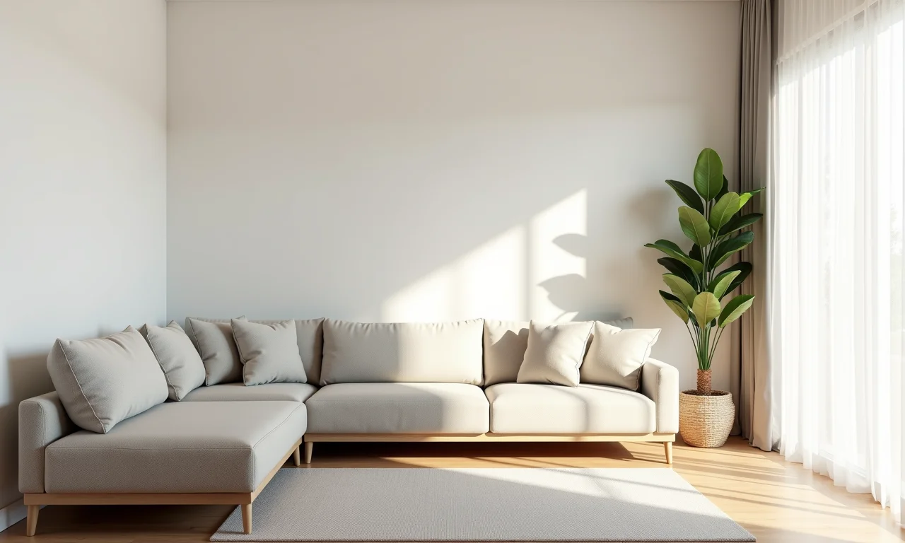 Sala pequena com cores claras e neutras, criando sensação de amplitude.
