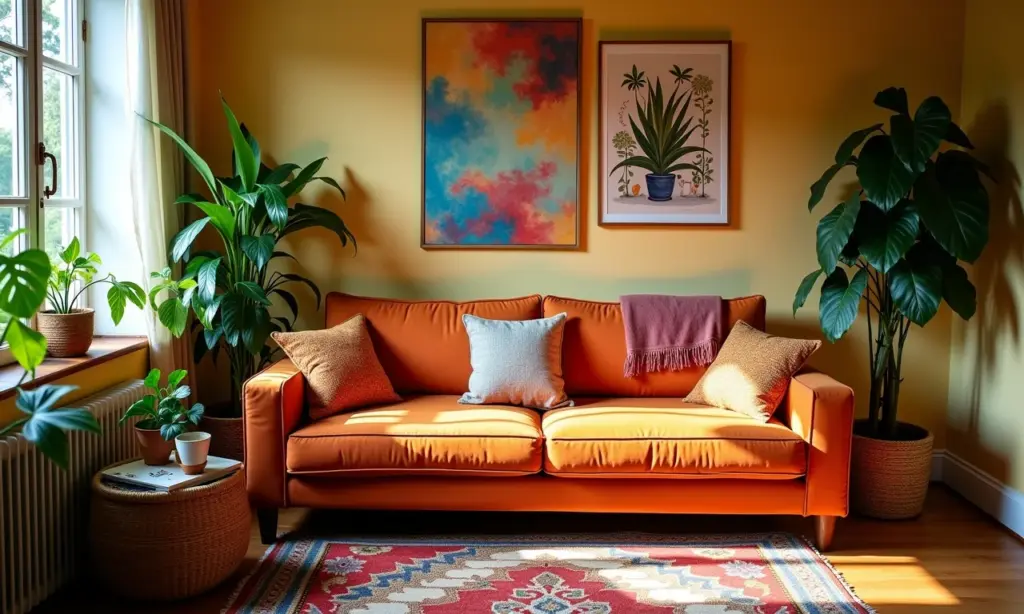 Sala pequena decorada com sofá grande e elementos vibrantes brasileiros.