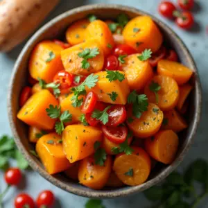 Salada de batata doce colorida e saudável, perfeita para o verão.