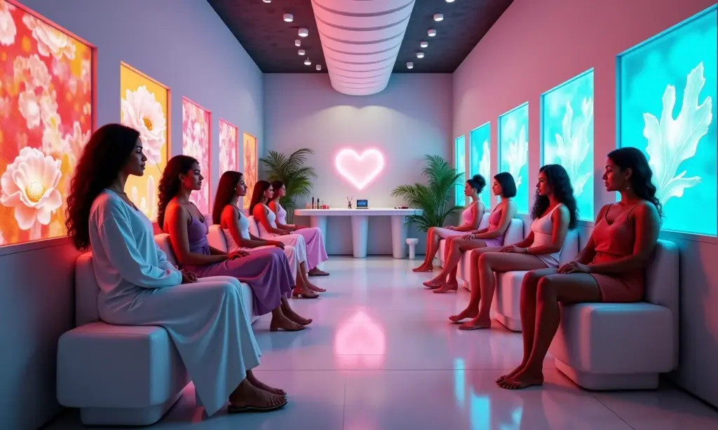 Tendências de Beleza 2026: O que Vem Por Aí no Futuro Salão de beleza futurista com tratamentos personalizados e decoração vibrante brasileira.