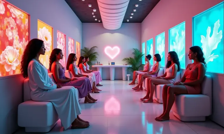 Salão de beleza futurista com tratamentos personalizados e decoração vibrante brasileira.