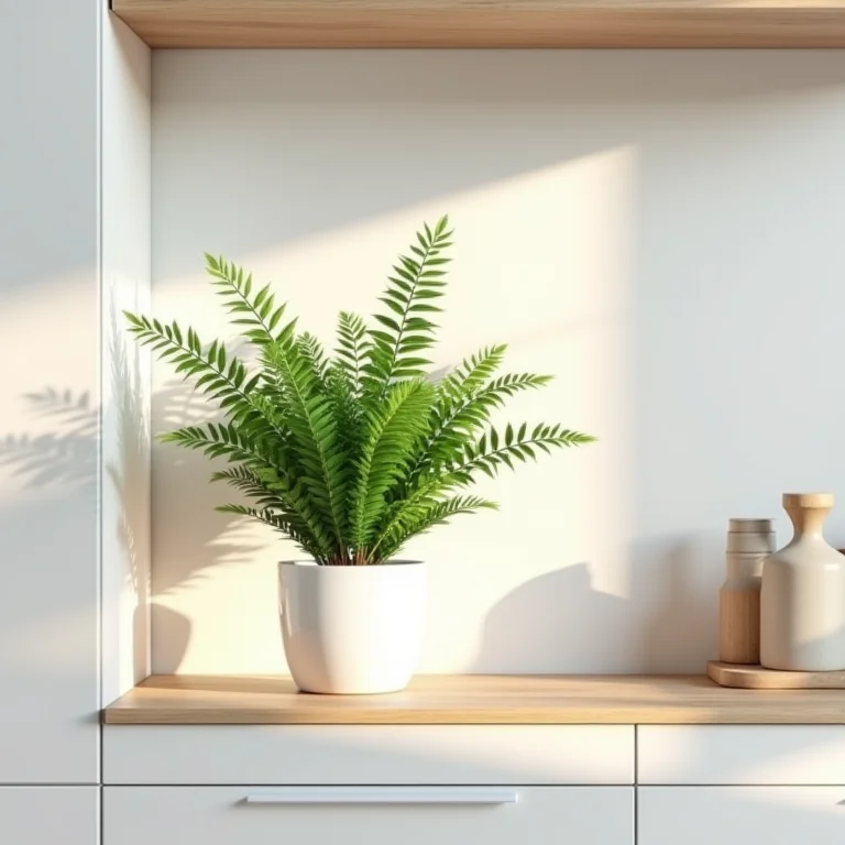 Samambaia Asplênio em prateleira minimalista na cozinha.