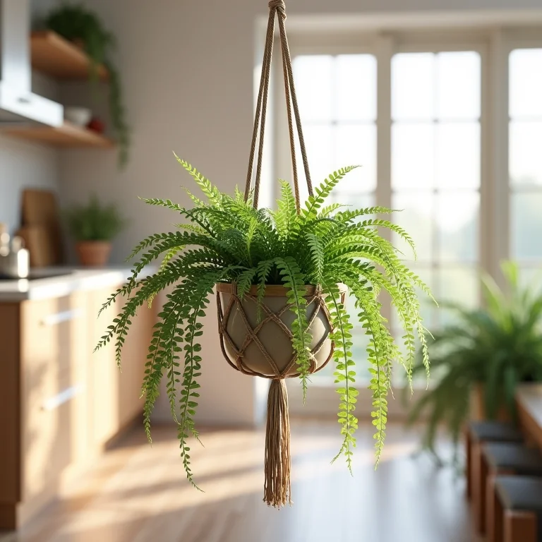 Samambaia chorona delicada pendurada na cozinha.