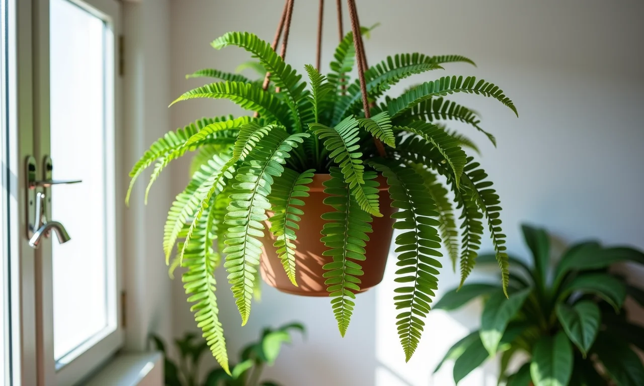 Samambaia exuberante pendurada em apartamento.