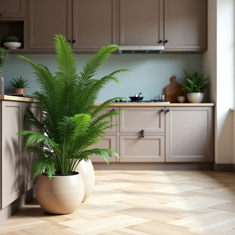 Samambaias em cachepots no chão, elevando a elegância da decoração da cozinha.