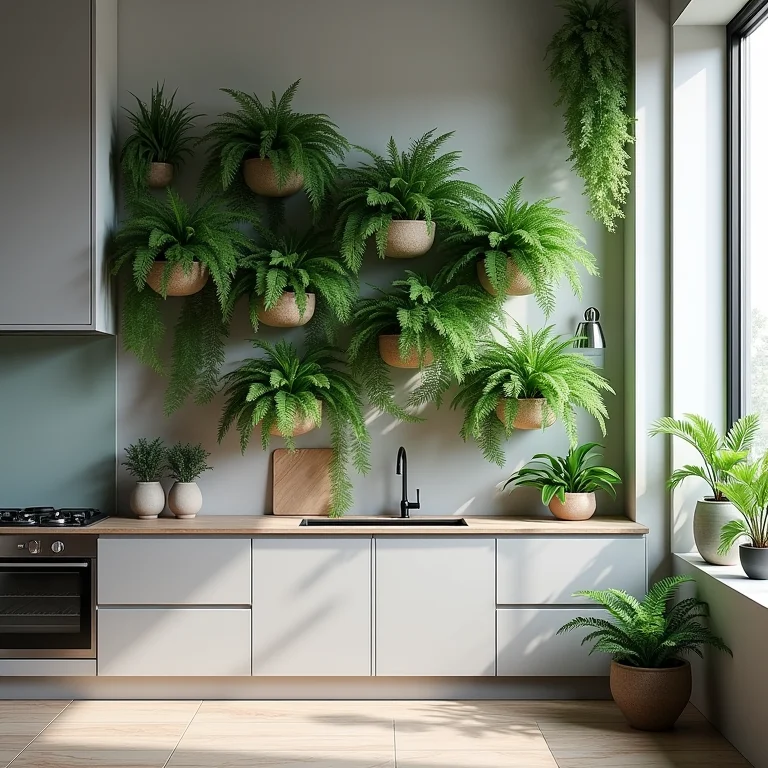 Samambaias em cozinha pequena