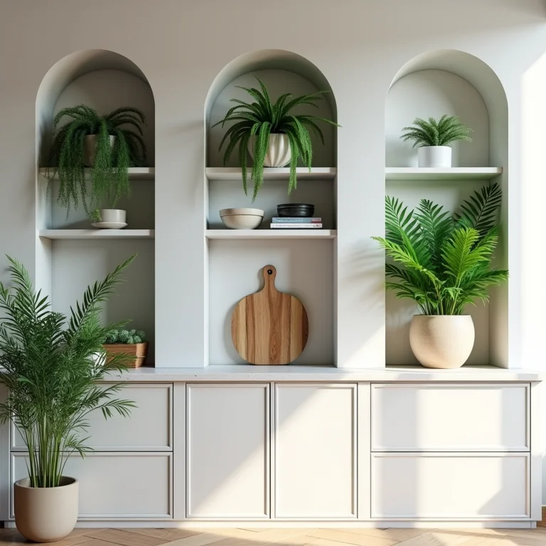 Samambaias em prateleiras e nichos, trazendo vida e cor para a cozinha.