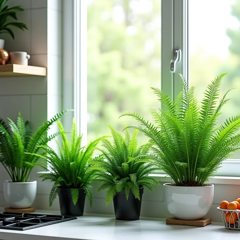 Samambaias exuberantes crescendo em uma cozinha moderna e bem iluminada.