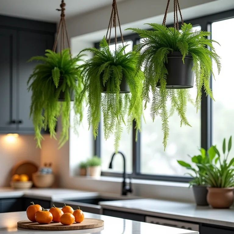 Samambaias penduradas em vasos, adicionando um toque leve e natural à cozinha.