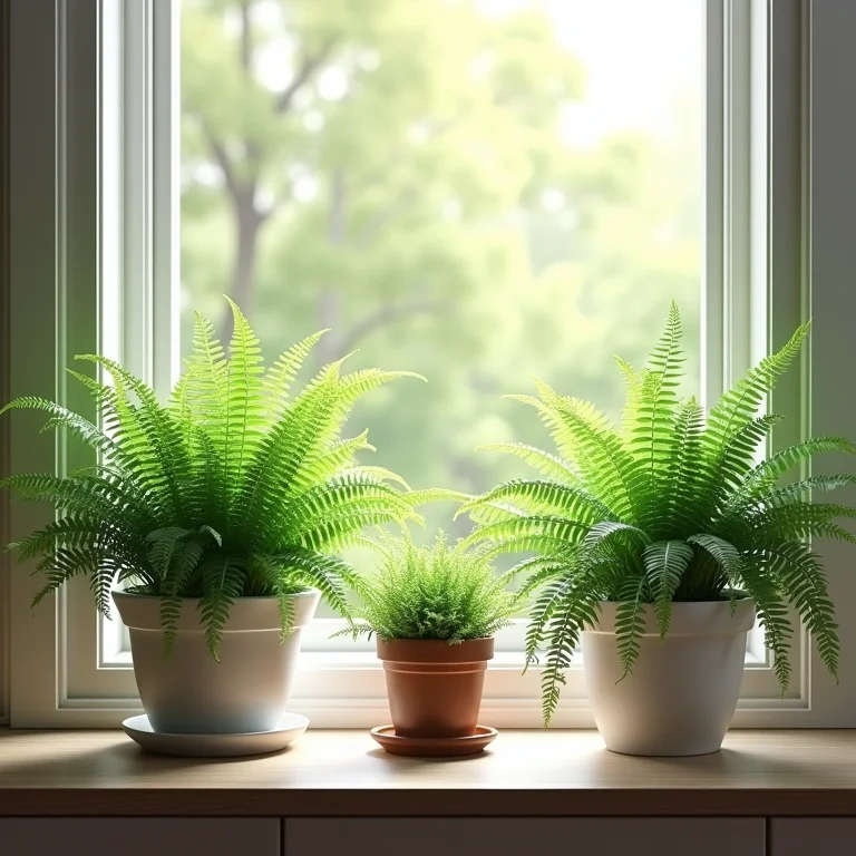 Samambaias penduradas perto da janela da cozinha