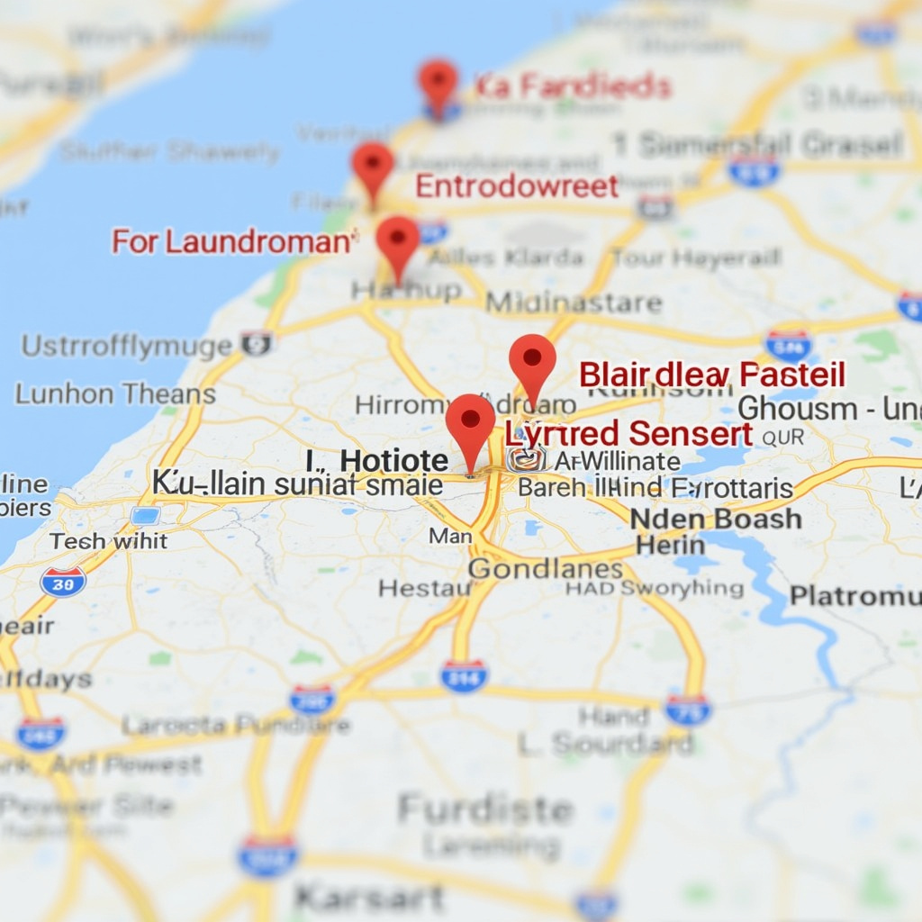 Screenshot of Google Maps showing laundromat locations, map interface, user reviews, commercial Avaliações de lavanderias no Google Meu Negócio.