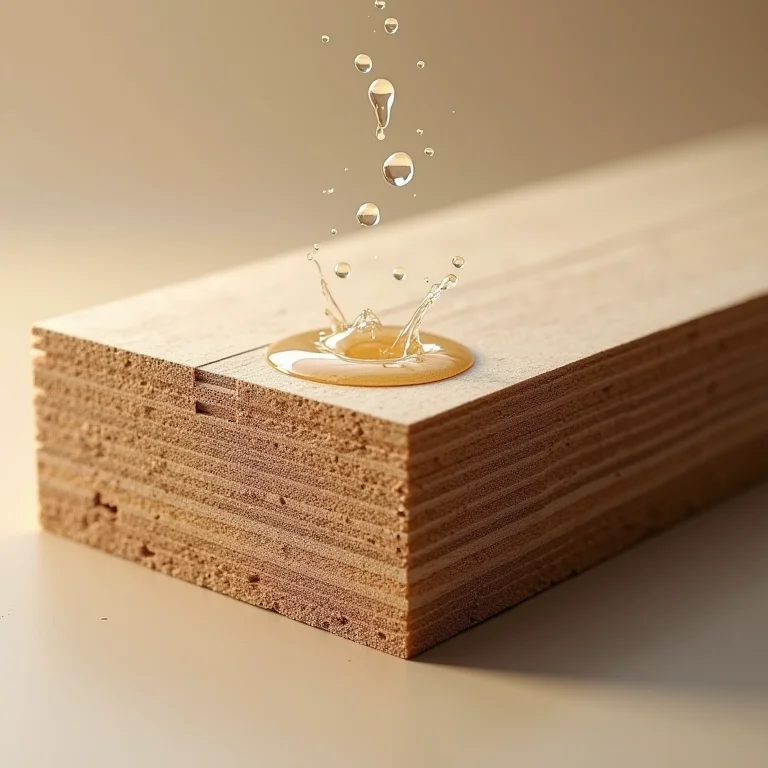 Seção transversal de MDF exposta a gotas de água, mostrando a absorção