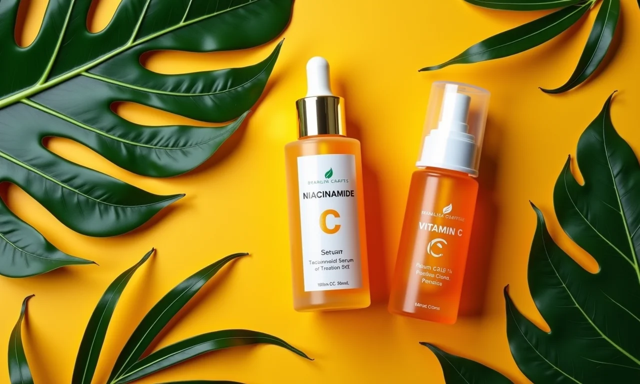 Séruns de Niacinamida e Vitamina C com decoração brasileira.