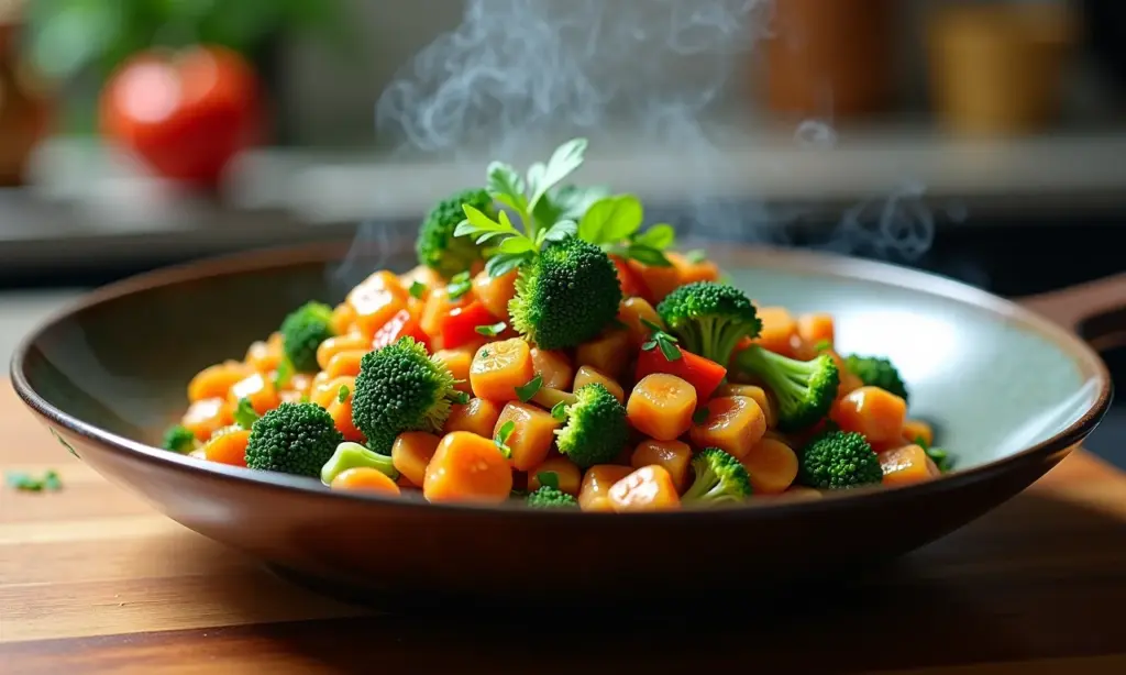 Shimeji com brócolis refogado, pronto para servir.