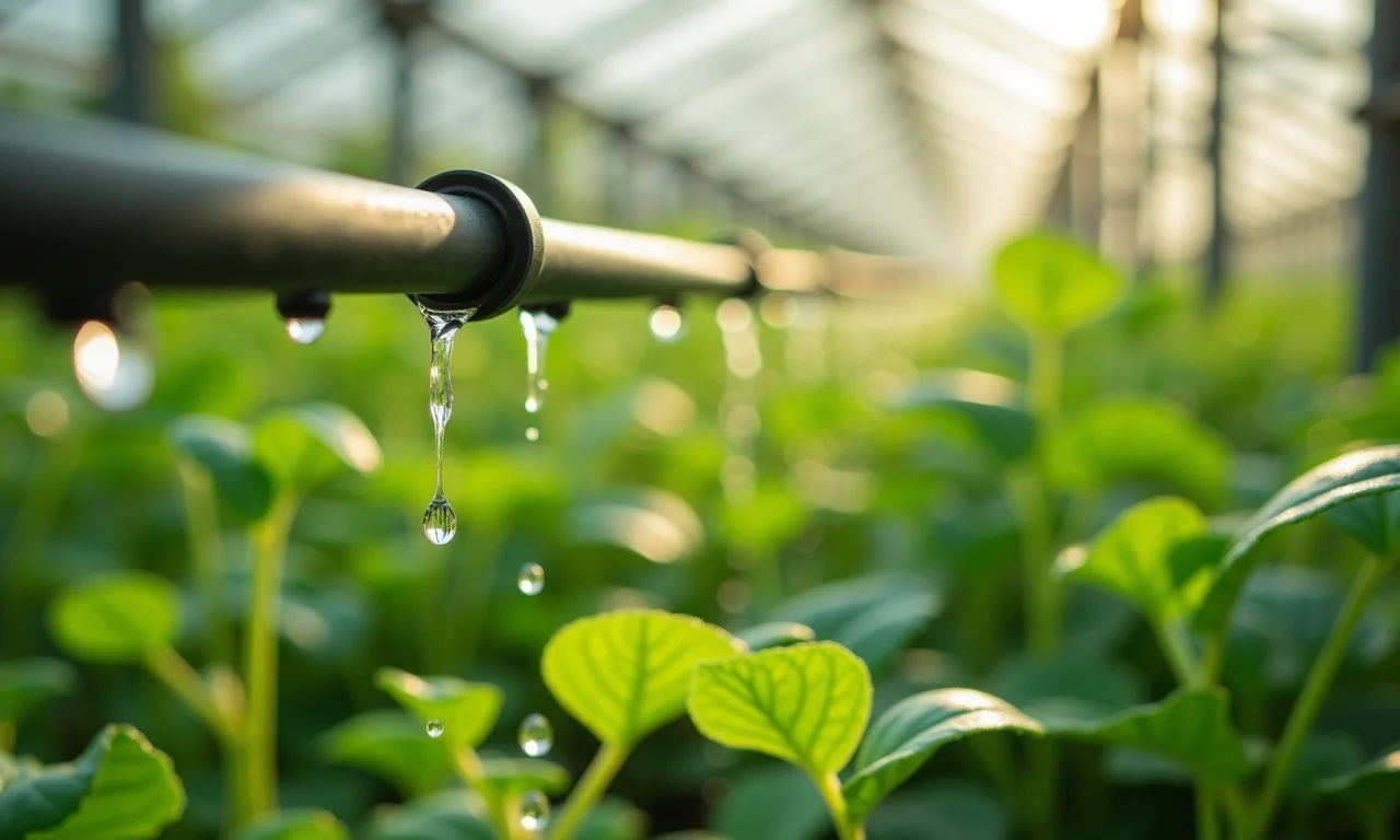 Sistema de irrigação por gotejamento em estufa, uso eficiente da água.