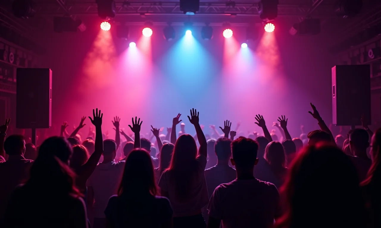 Sistema de som potente em boate com silhuetas dançando.