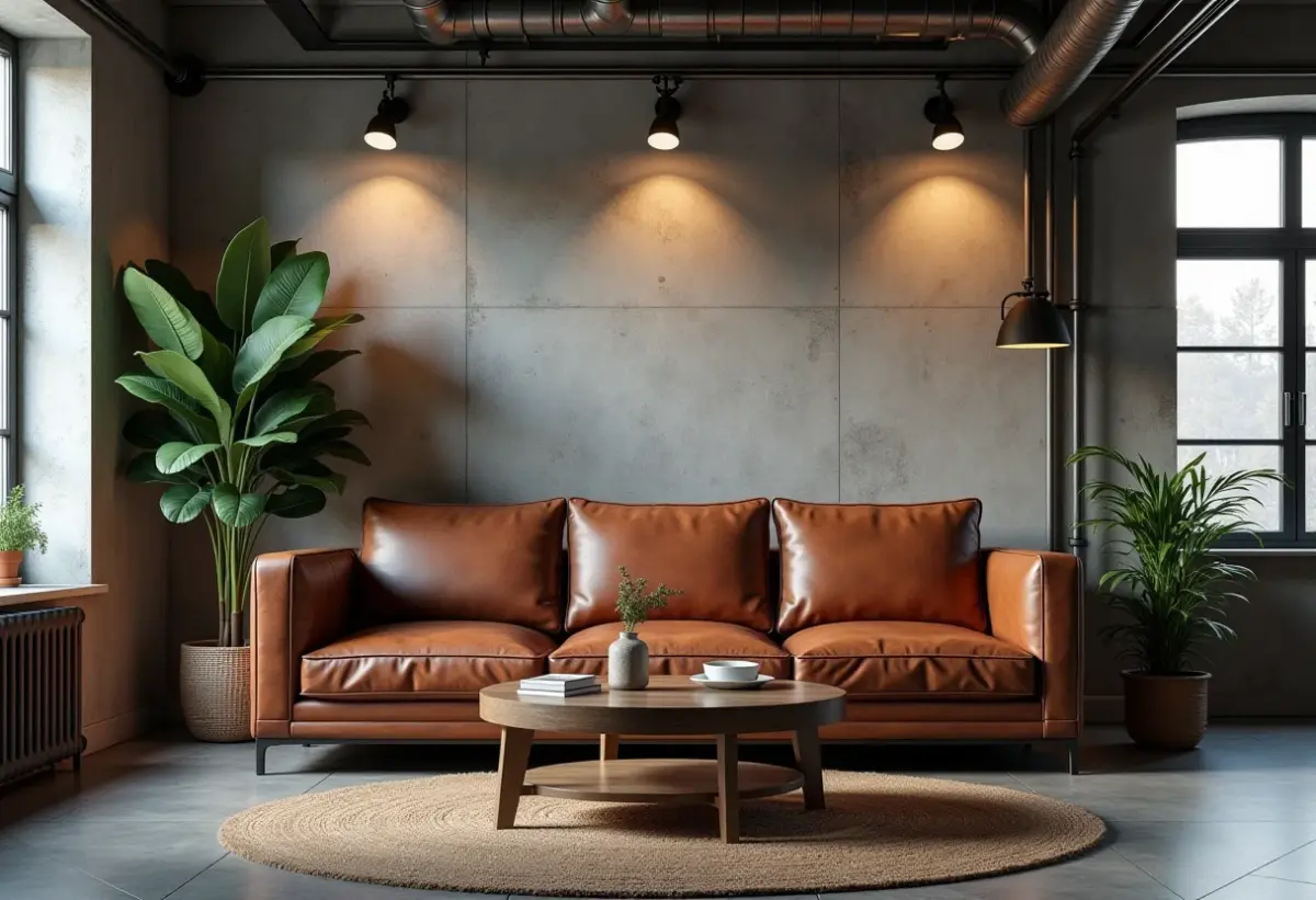 Sofá de couro em uma sala de estar industrial com iluminação aconchegante.