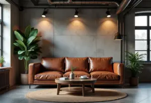 Sofá de couro em uma sala de estar industrial com iluminação aconchegante.