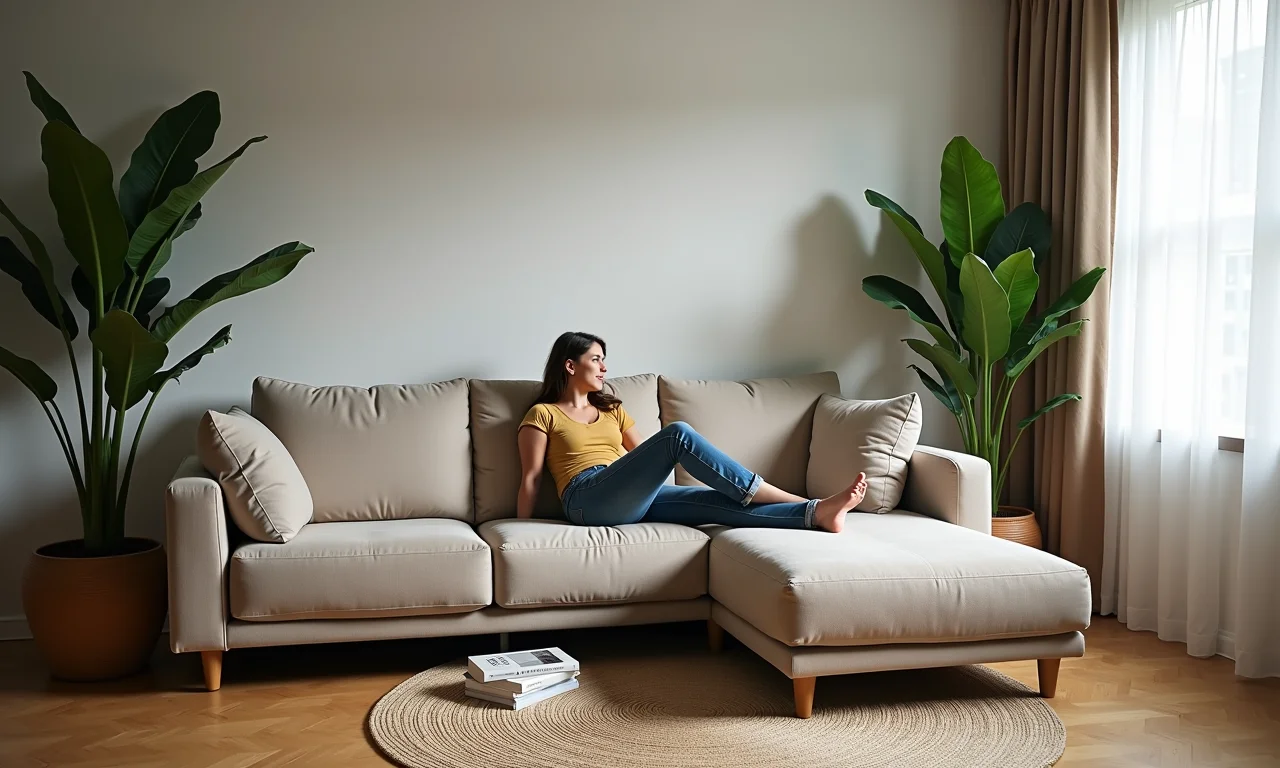 Sofá grande e moderno escolhido para otimizar o espaço em uma sala pequena.