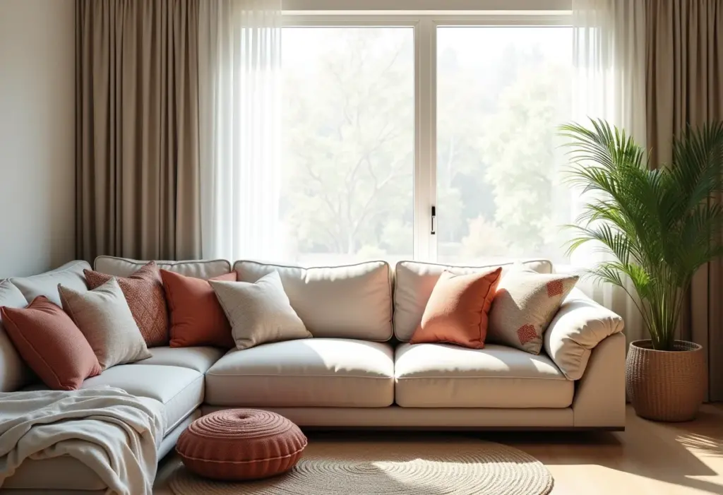 Sofá transformado com almofadas boho em sala de estar iluminada