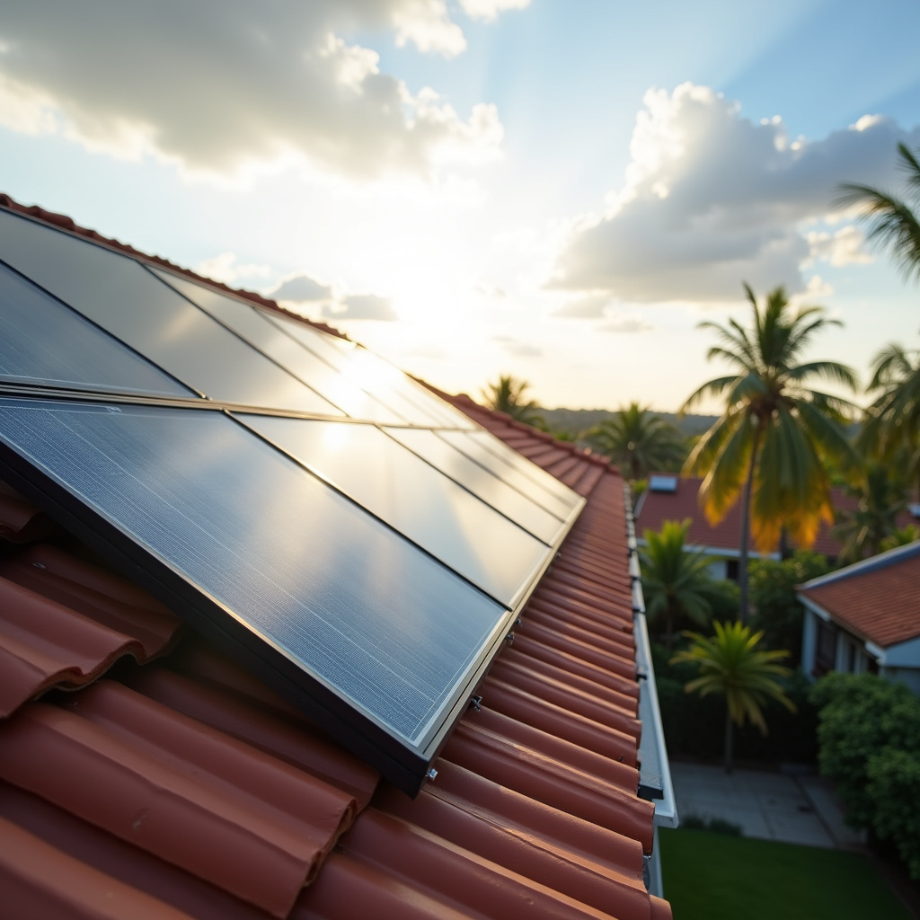 Inversor solar instalado em telhado de casa brasileira.