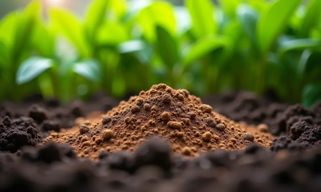 Solo sendo remineralizado com pó de rocha, mostrando a textura e os minerais.