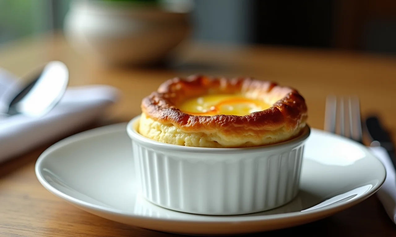 Suflê de queijo elegante com crosta dourada.