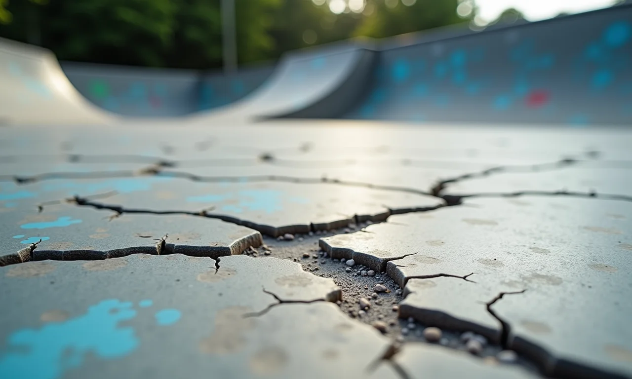 Superfície de pista de skate rachada e danificada necessitando de reforma.