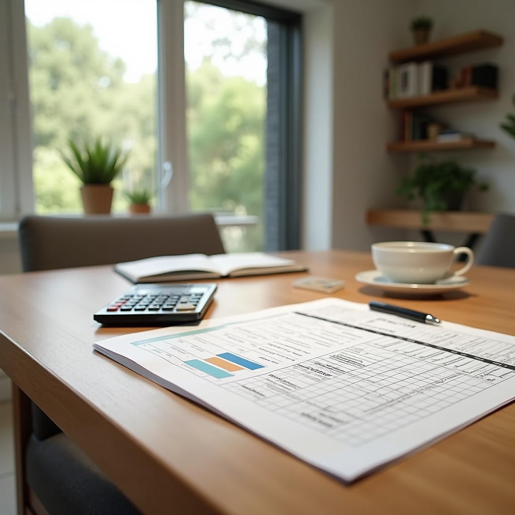 Table with renovation cost spreadsheet, calculator, bright modern interior, Brazilian design, Tabela de custos estimados para reforma residencial.