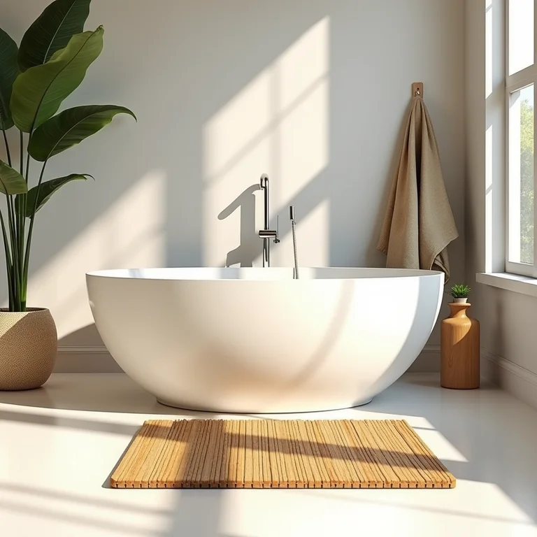 Tapete de bambu sustentável em um banheiro com decoração natural.
