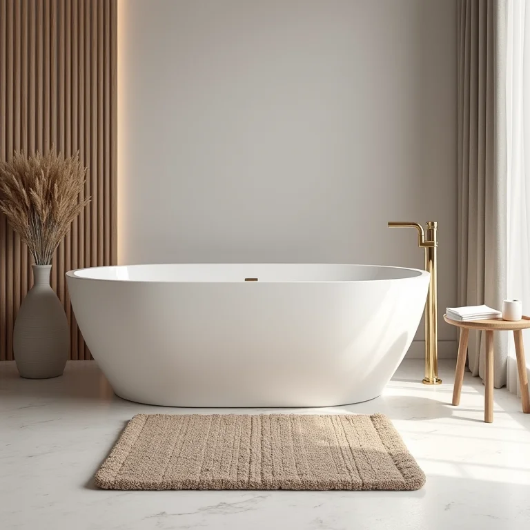 Tapete de banheiro com tamanho ideal em frente a uma banheira.