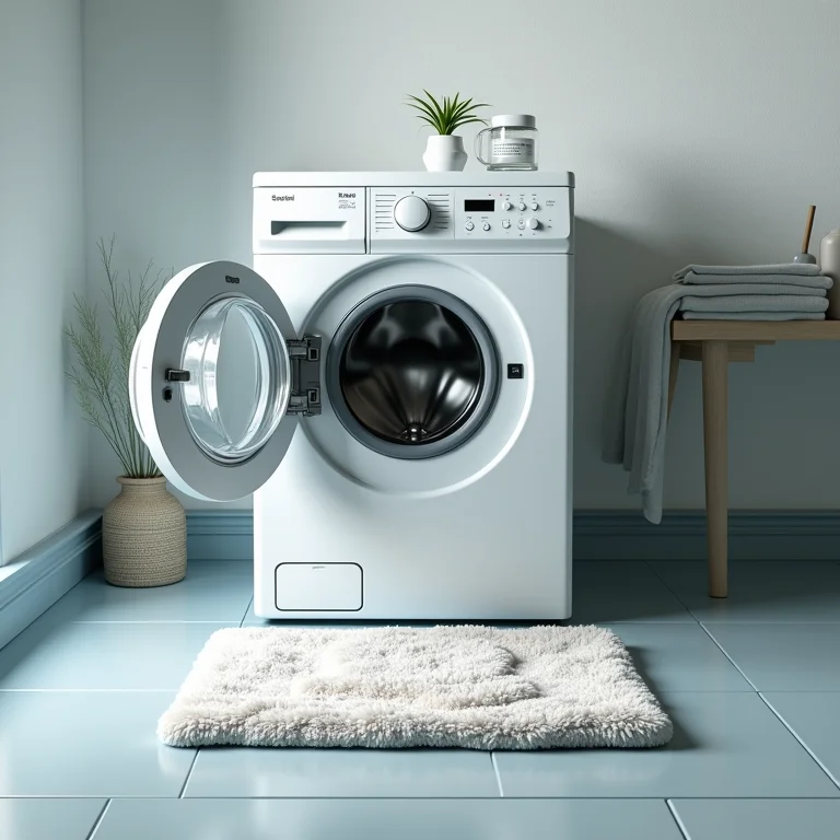 Tapete de banheiro sendo lavado em uma máquina de lavar.