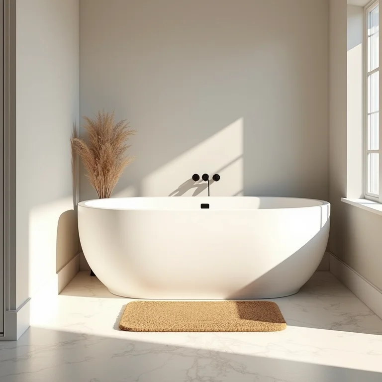 Tapete de borracha natural antiderrapante em um banheiro minimalista.