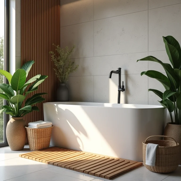 Tapete de madeira integrado à decoração do banheiro