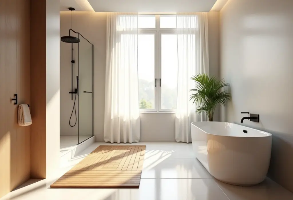 Tapete de madeira teca em um banheiro moderno e luxuoso