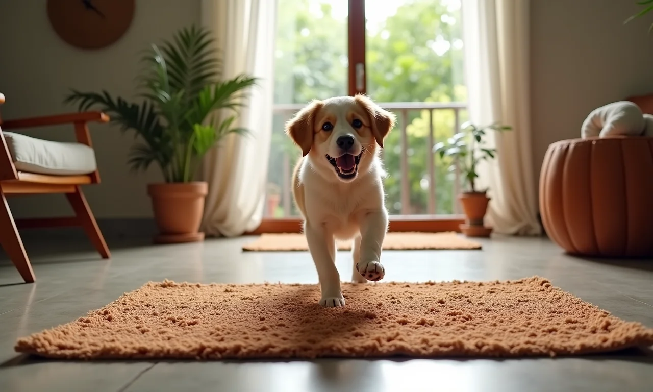 Tapetes antiderrapantes em casa brasileira com cão brincando.
