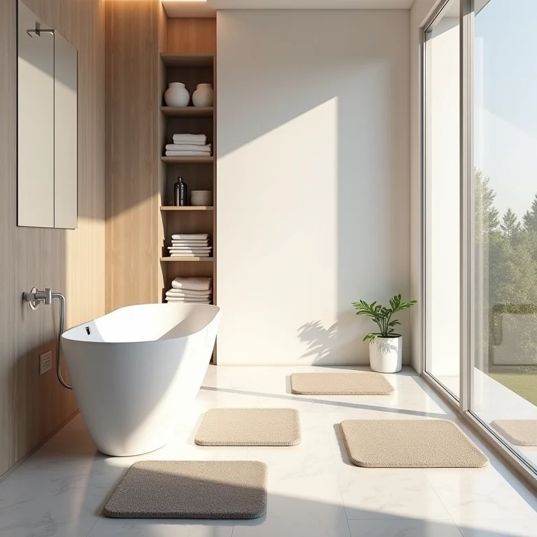 Tapetes modulares sendo organizados em um banheiro moderno e estiloso.