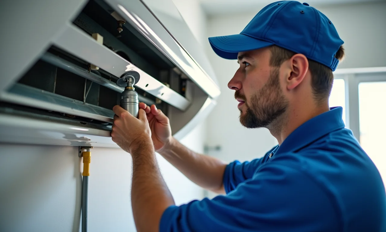 Técnico recarregando o gás do ar condicionado em uma oficina.